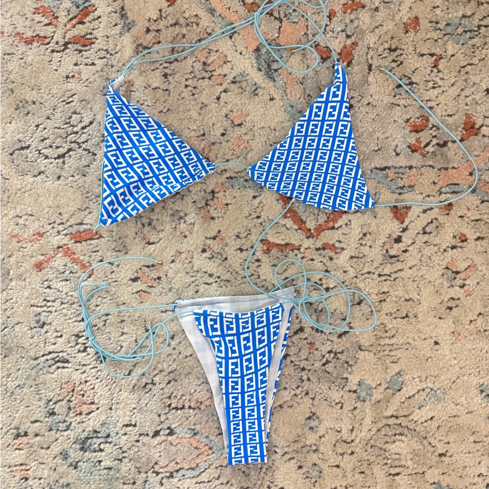 F Logo Blue and White Bikini Set